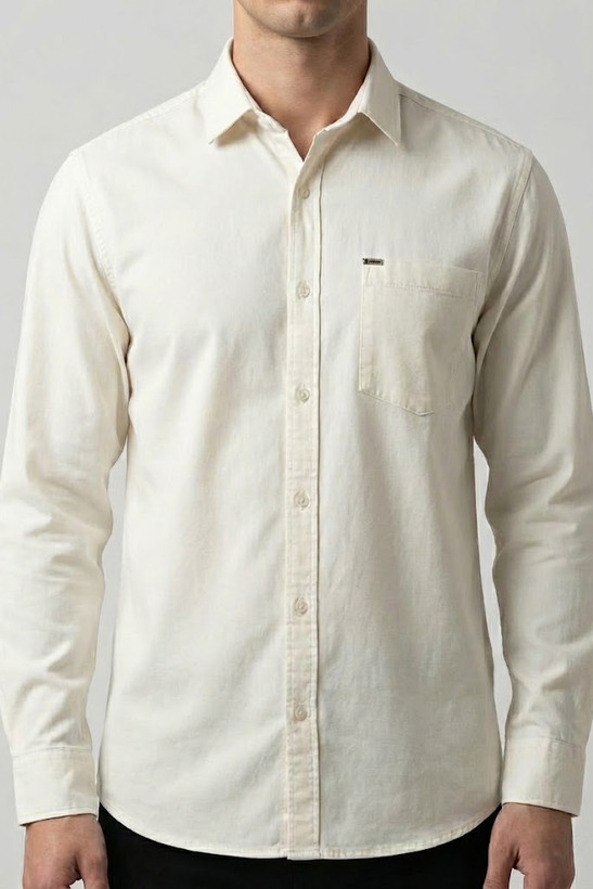 تنخور از جلو پیراهن مردانه سفید شیری آستین بلند نخ پنبهGENTIMEN