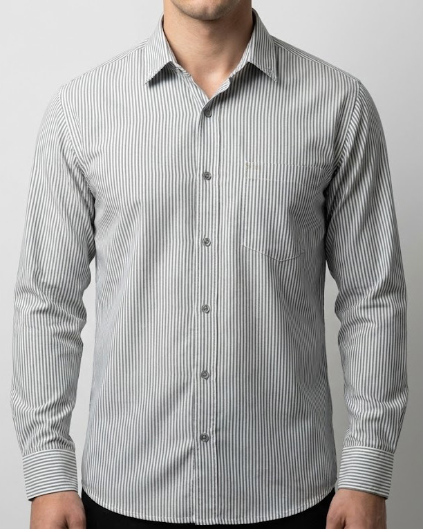 پیراهن مردانه راه راه آستین بلند نخ پنبه طوسی