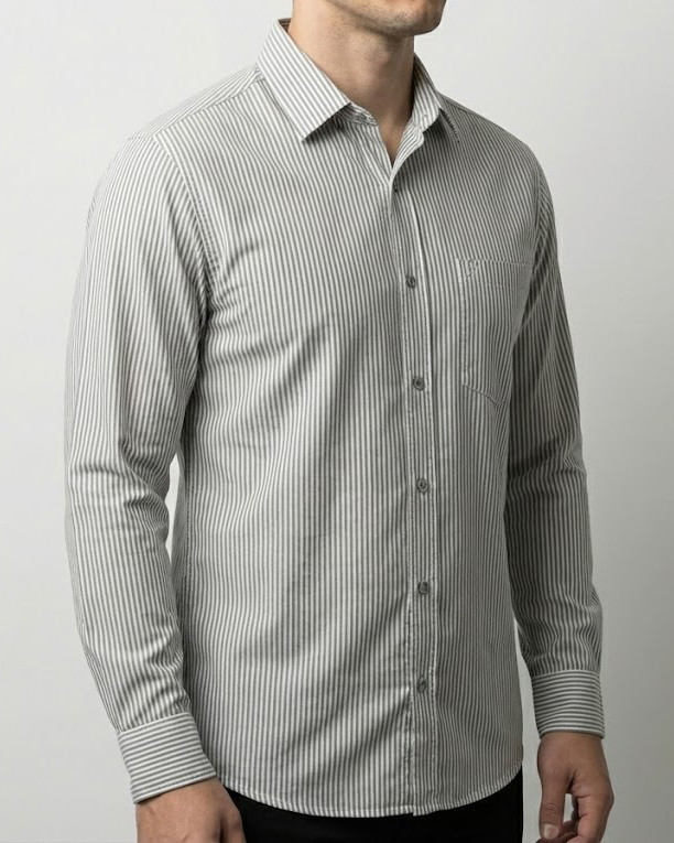 پیراهن مردانه راه راه آستین بلند نخ پنبه طوسی