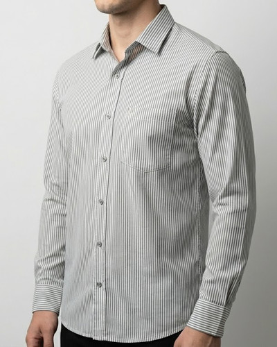 پیراهن مردانه راه راه آستین بلند نخ پنبه طوسی