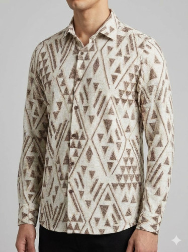 خرید پیراهن کنفی مردانه آستین بلند طرحدار کرم موکا 801