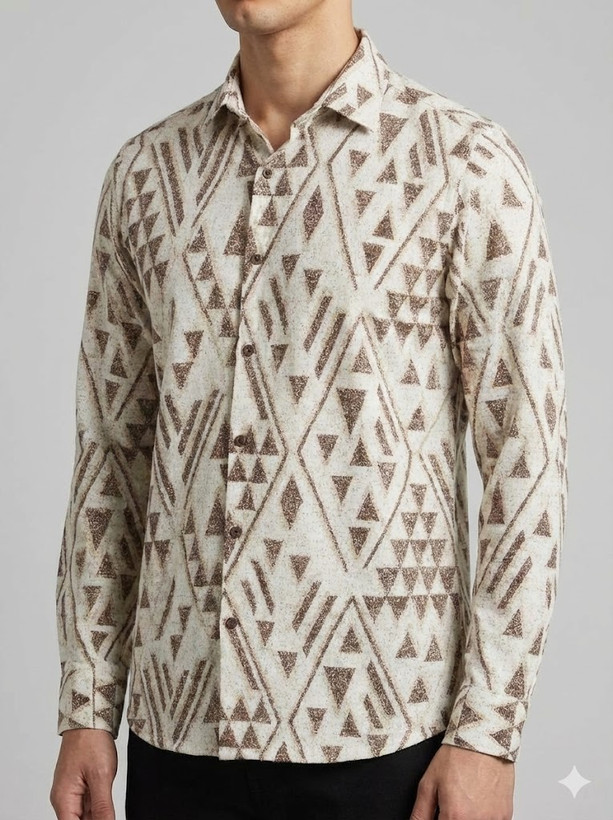 خرید پیراهن کنفی مردانه آستین بلند طرحدار کرم موکا 801
