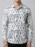 پیراهن کنفی مردانه آستین بلند طرحدار سفید سرمه ای کد 701