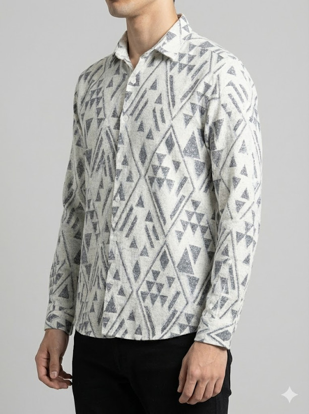 تنخور پیراهن کنفی مردانه آستین بلند طرحدار طوسی روشن