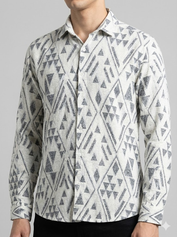 تنخور پیراهن کنفی مردانه آستین بلند طرحدار طوسی روشن