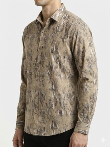 نما از بغل پیراهن مردانه آستین بلند کنفی طرحدار کرمGENTIMEN