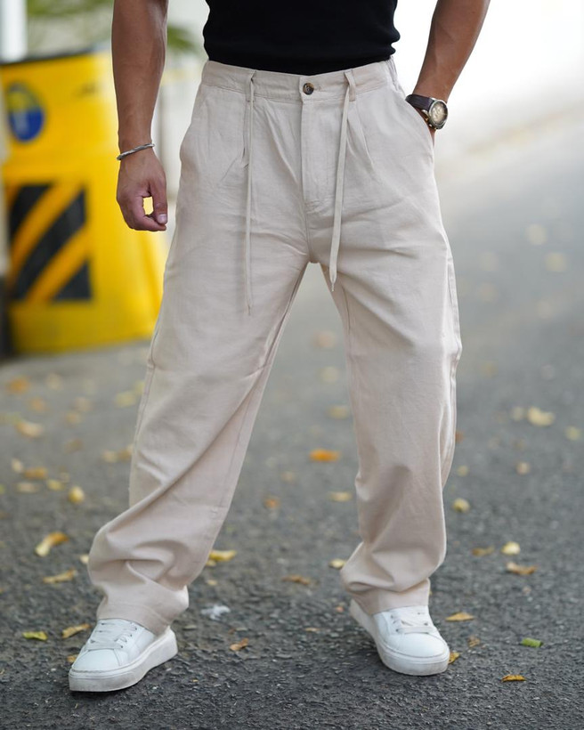شلوار لینن مردانه برش بگ با کیفیت بالا رنگبندی شیری ZARA