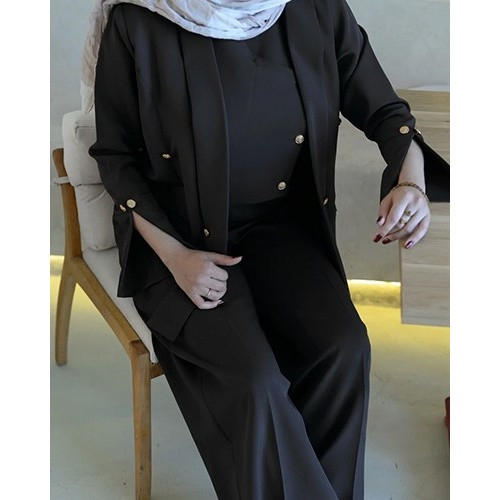 کت و شلوار سه تکه زنانه مجلسی ریچ کت مدل ژیله دار رنگ مشکی پارچه کرپ باربی 8741