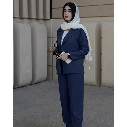 کت و شلوار زنانه کرپ باربی ریچ کت مدل کلاسیک رنگ سورمه ای با قد دلخواه کد 8739